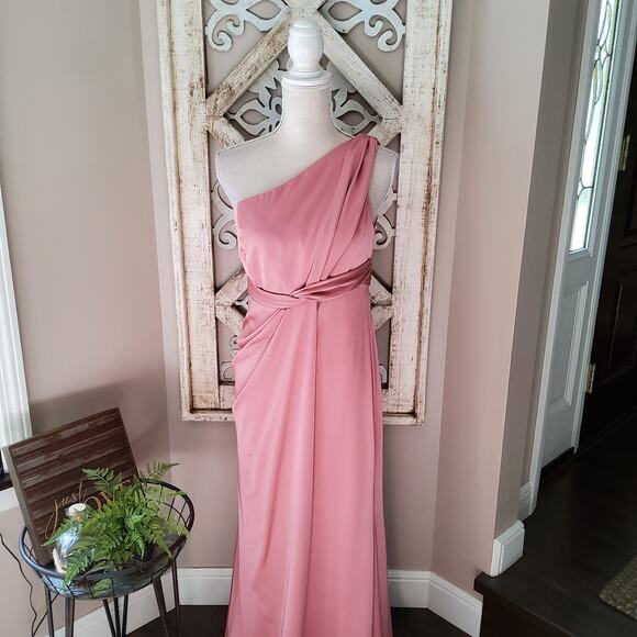 Vivian Diamond Dressy Collection One-Shoulder Satin Gown Knotted Bodice Rose - Picture 3 of 13